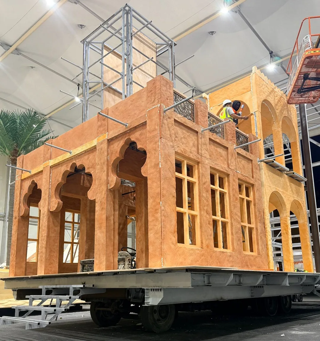 Evolution Scenic engineered parade float combining lightweight scenic structures with a concealed mobile platform.