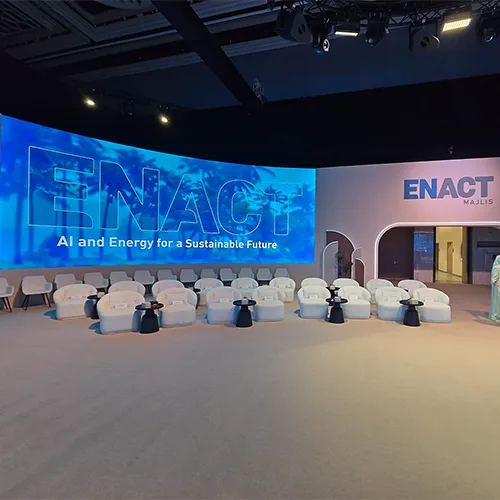 Curved four-metre LED screens integrated into custom scenic surrounds by Evolution Technical.