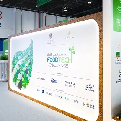 Custom presentation stage fabricated for FoodTech Challenge finalist pitches in Abu Dhabi