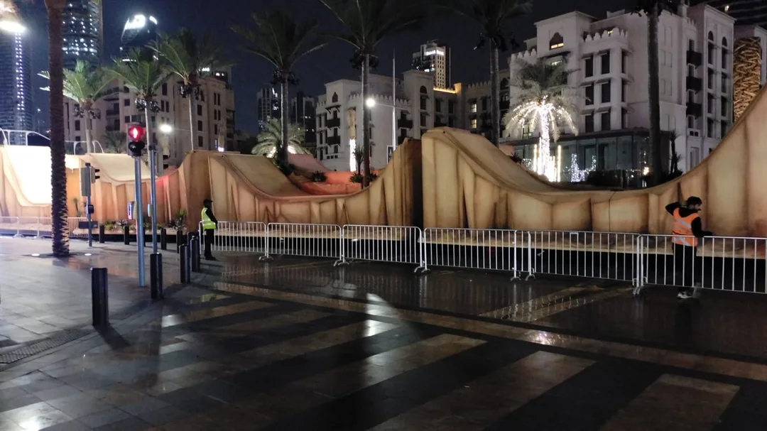 Tall scenic parade float feature engineered with a fold-down section for route clearance.