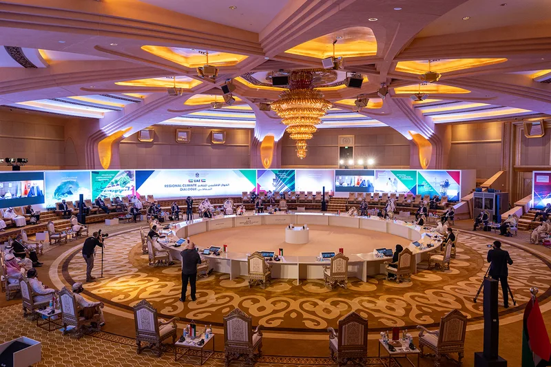 Evolution Scenic complete UAE Regional Climate Dialogue conference environment with branded scenic walls and integrated displays at Emirates Palace.
