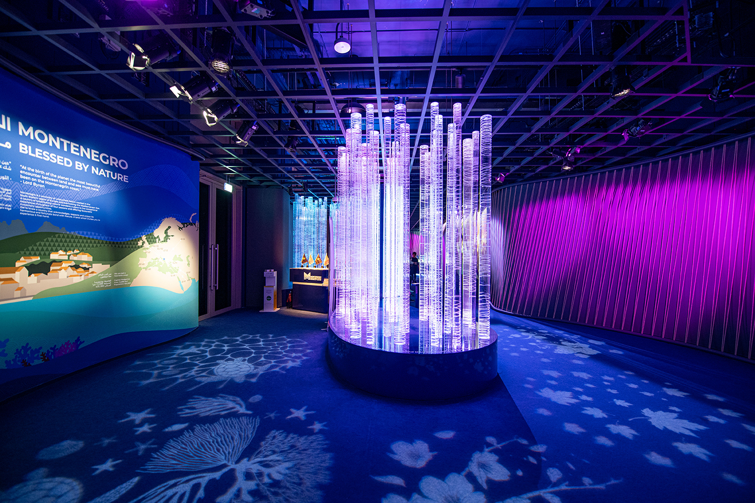 Evolution Scenic custom joinery and acrylic fabrication for Montenegro Pavilion Dubai.