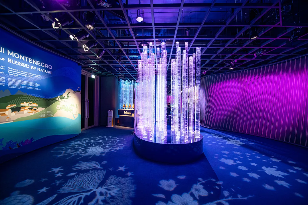 Evolution Scenic custom joinery and acrylic fabrication for Montenegro Pavilion Dubai.