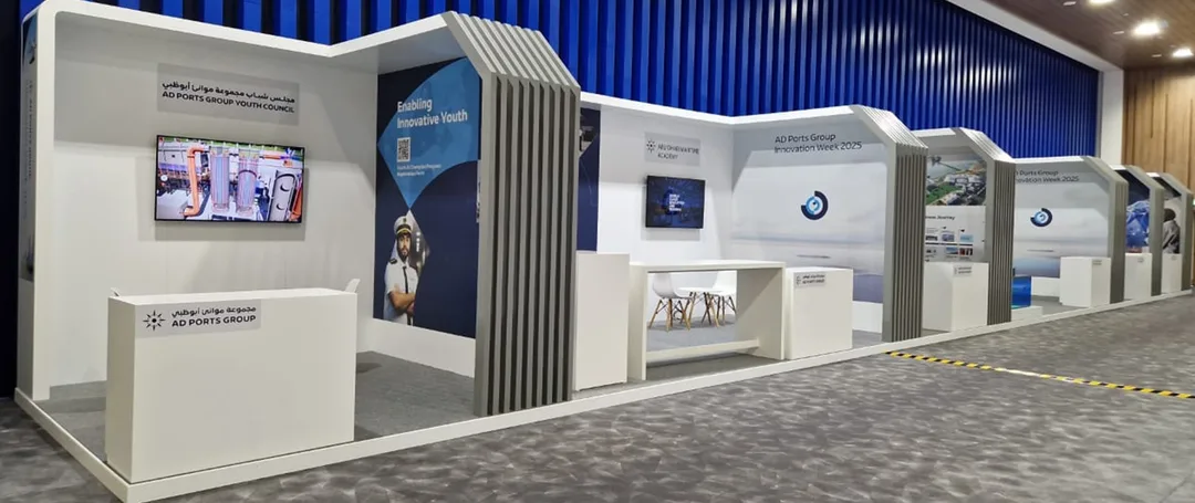 Evolution Scenic custom AD Port Group exhibition booths installed in Abu Dhabi.