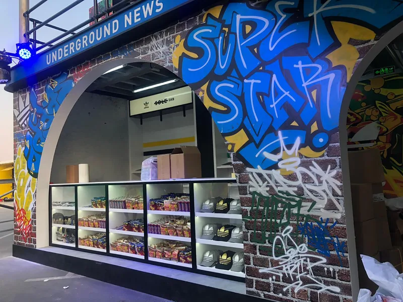 Underground-inspired Adidas scenic architecture constructed for Sole DXB in Dubai.