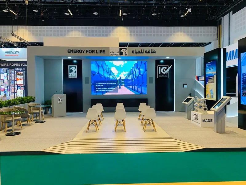 Evolution Scenic scenic fabrication showing painted wall structures, graphic applications and digital presentation screens