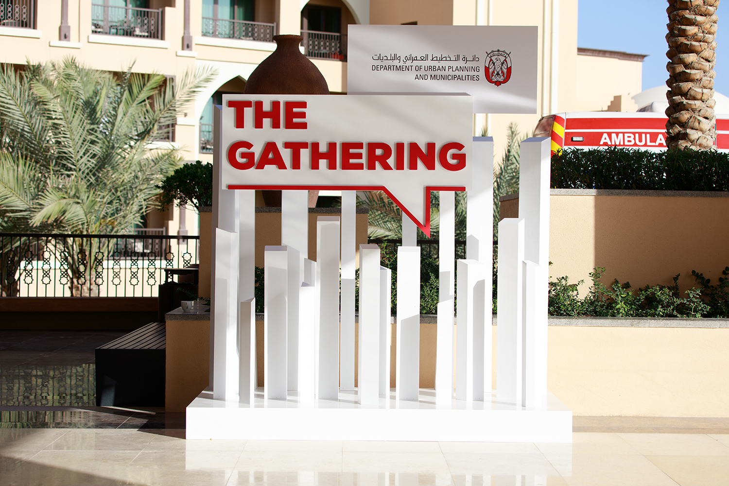 Architectural skyline entrance feature fabricated for The Gathering conference environment.