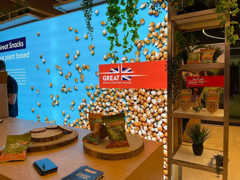 Timber and MDF scenic fabrication creating clean architectural interior forms for the UK Pavilion.