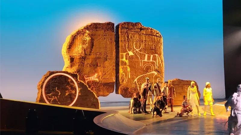 Painted geological textures defining the large Saudi National Day scenic rock surfaces.