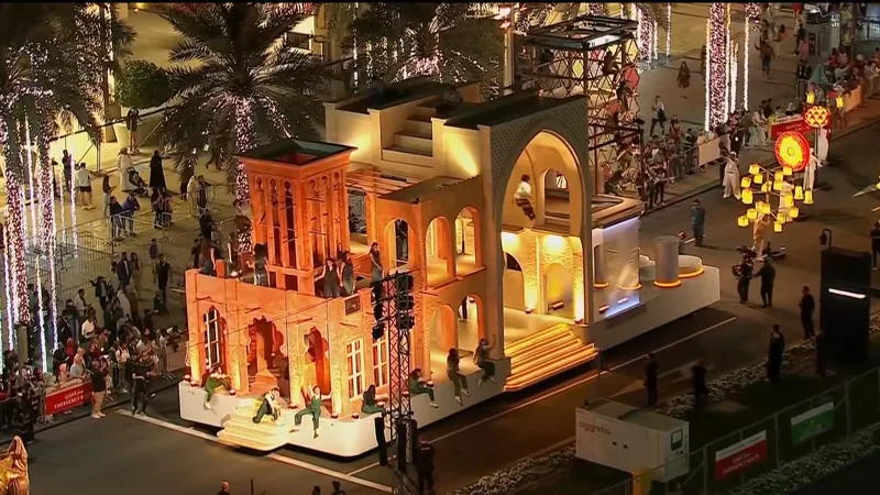 Completed parade float engineered as one integrated mobile scenic system.