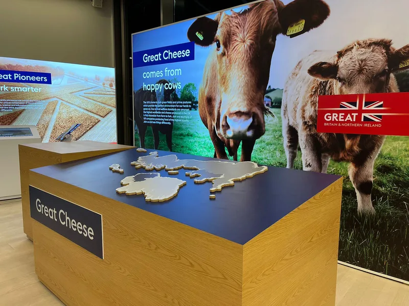 Custom timber structure supporting finished MDF scenic surfaces within the UK Pavilion interior.