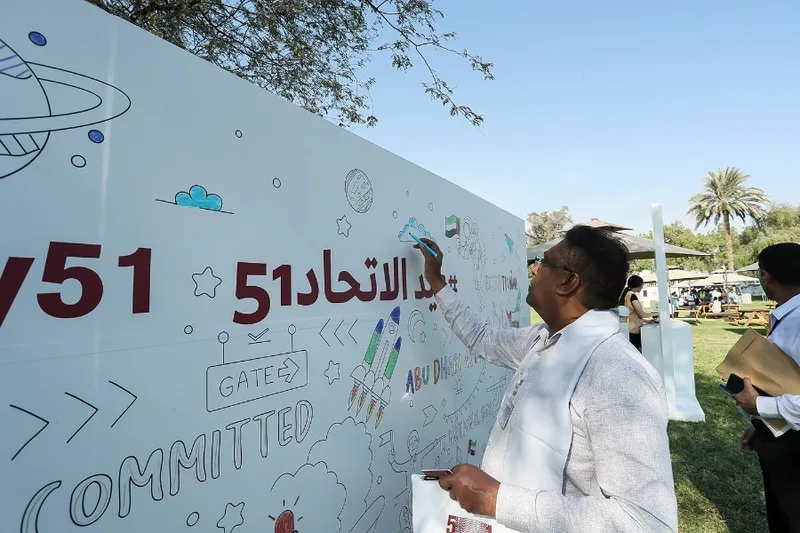 Three-dimensional branded walls defining the Committed thematic zone at Abu Dhabi Airports.