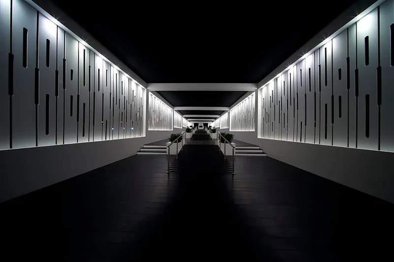 White MDF and timber scenic display architecture incorporating photographic content.
