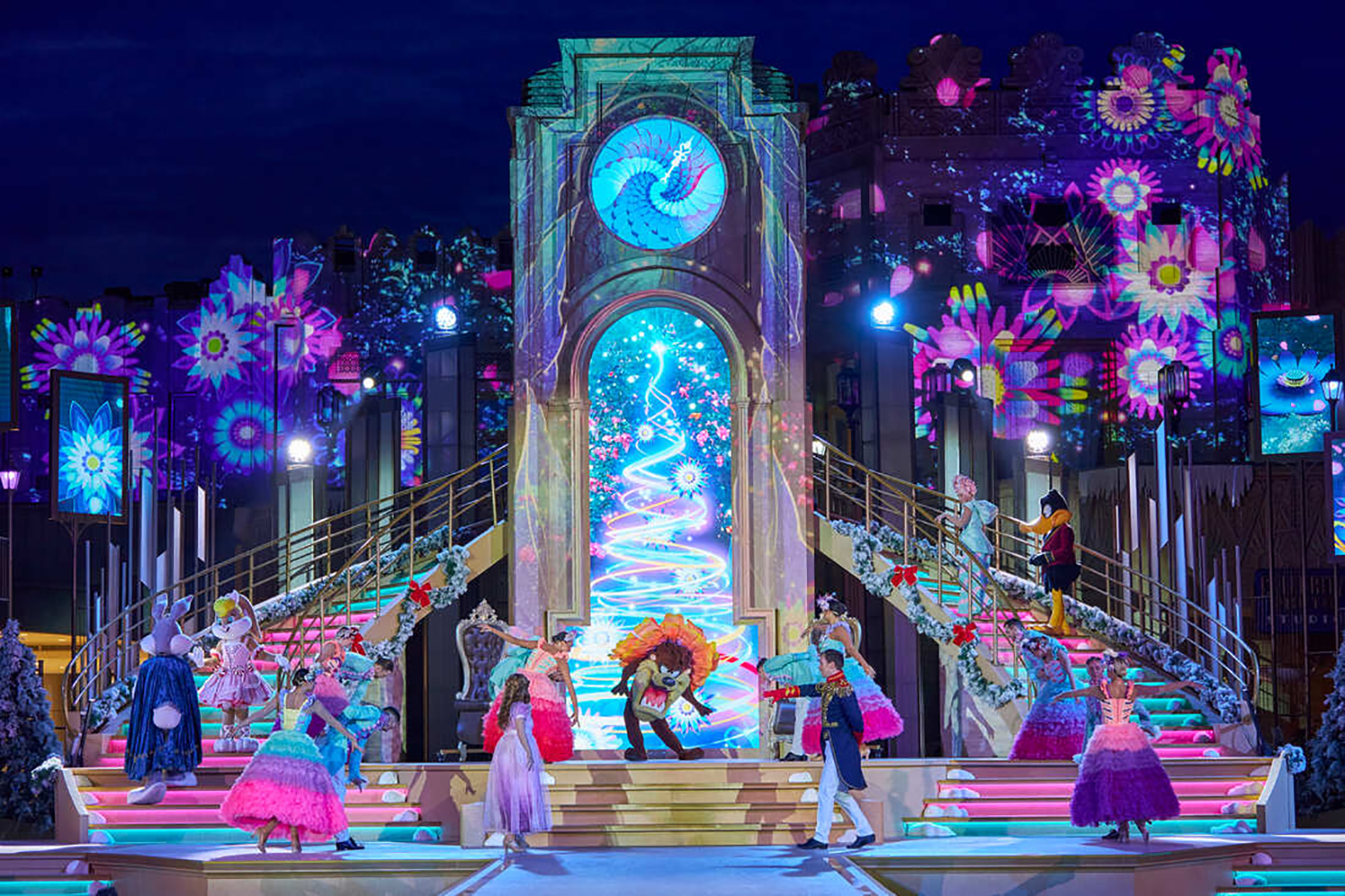 Evolution Scenic completed winter stage with clock tower, revolve, staircases and illuminated screens.