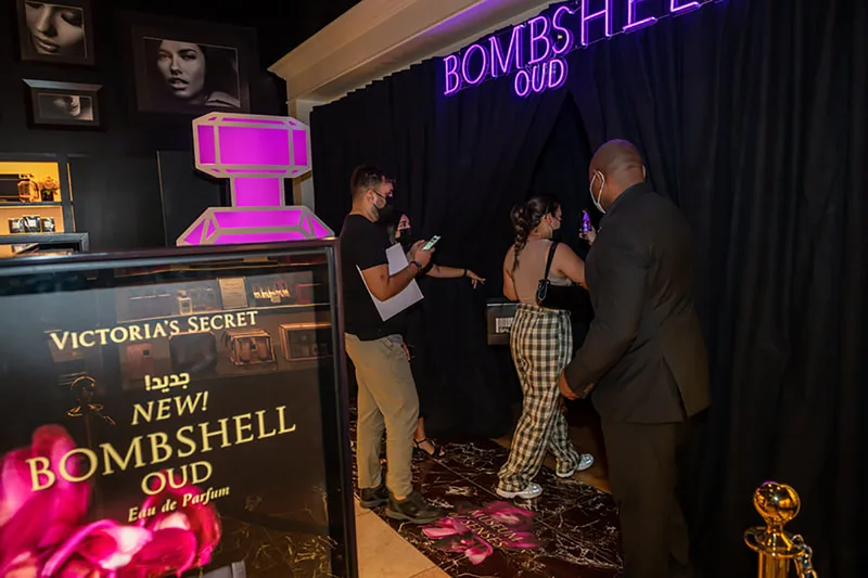 MDF-clad senic desk with integrated LED screen created for the Victoria's  Secret perfume launch.