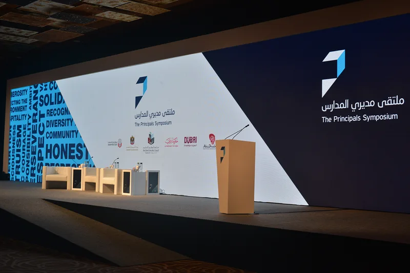 Evolution Scenic fabricated lecterns and presentation structures within the Dubai ballroom.