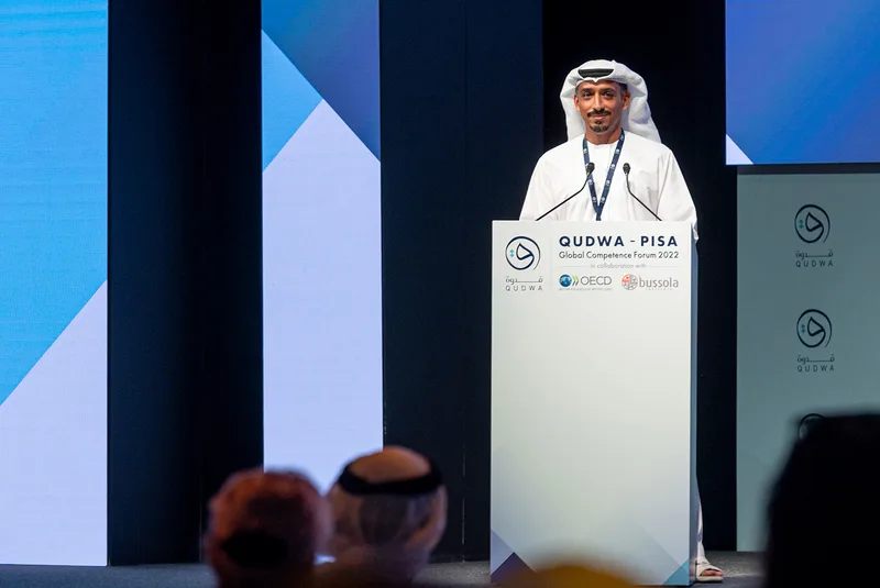 Evolution Scenic custom branded lectern fabricated for the Qudwa–PISA Forum at Expo 2020 Dubai.