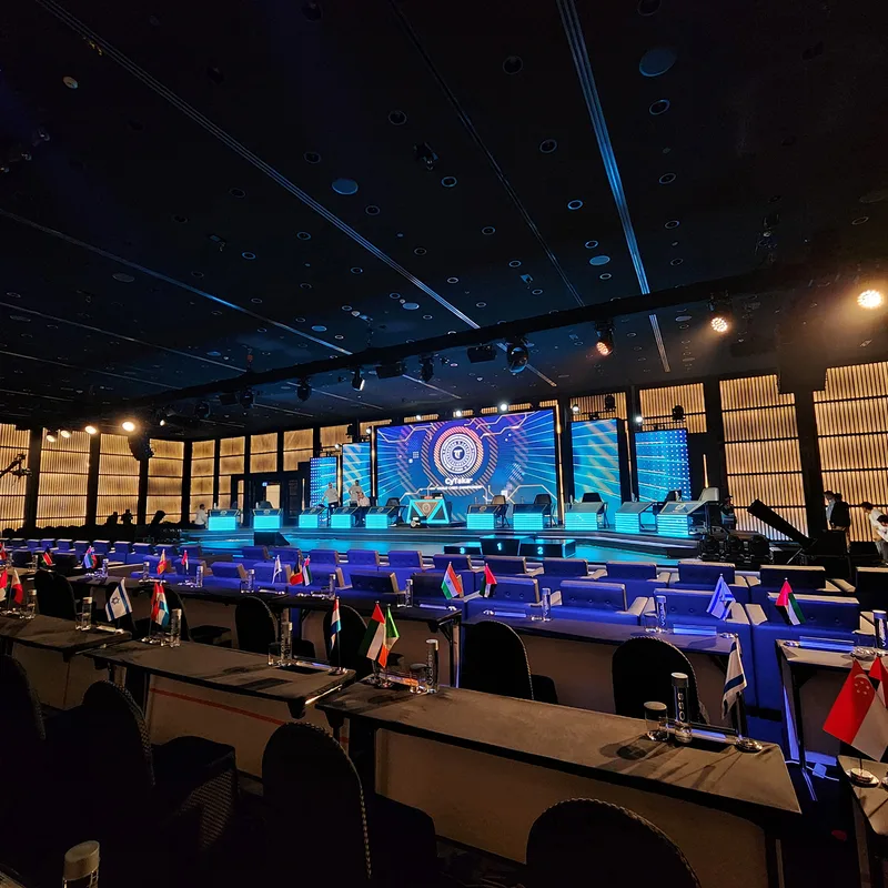 Evolution Scenic custom stage platforms positioned alongside integrated LED display screens