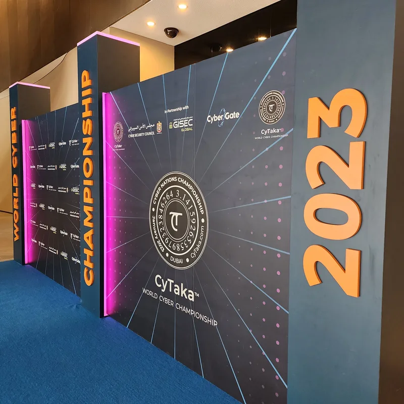 Custom CYTAKA scenic wall fabricated with MDF cladding and printed championship graphics.