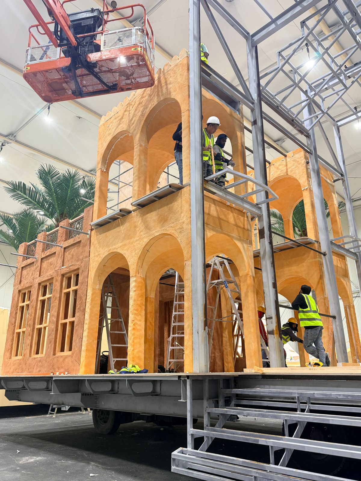 Steel, timber, CNC components, LED modules and cladding integrated into a scenic structure.