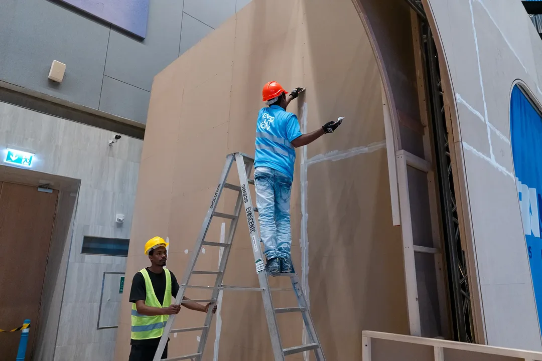 Reinforced scenic wall with mounting plates and acoustic infill during fabrication.
