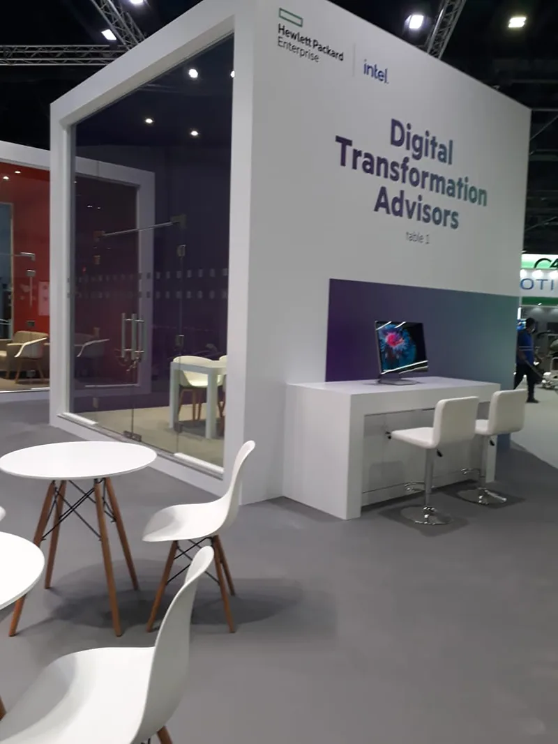 Custom scenic walling with HPE graphics and integrated AV display at GITEX Dubai 2022.
