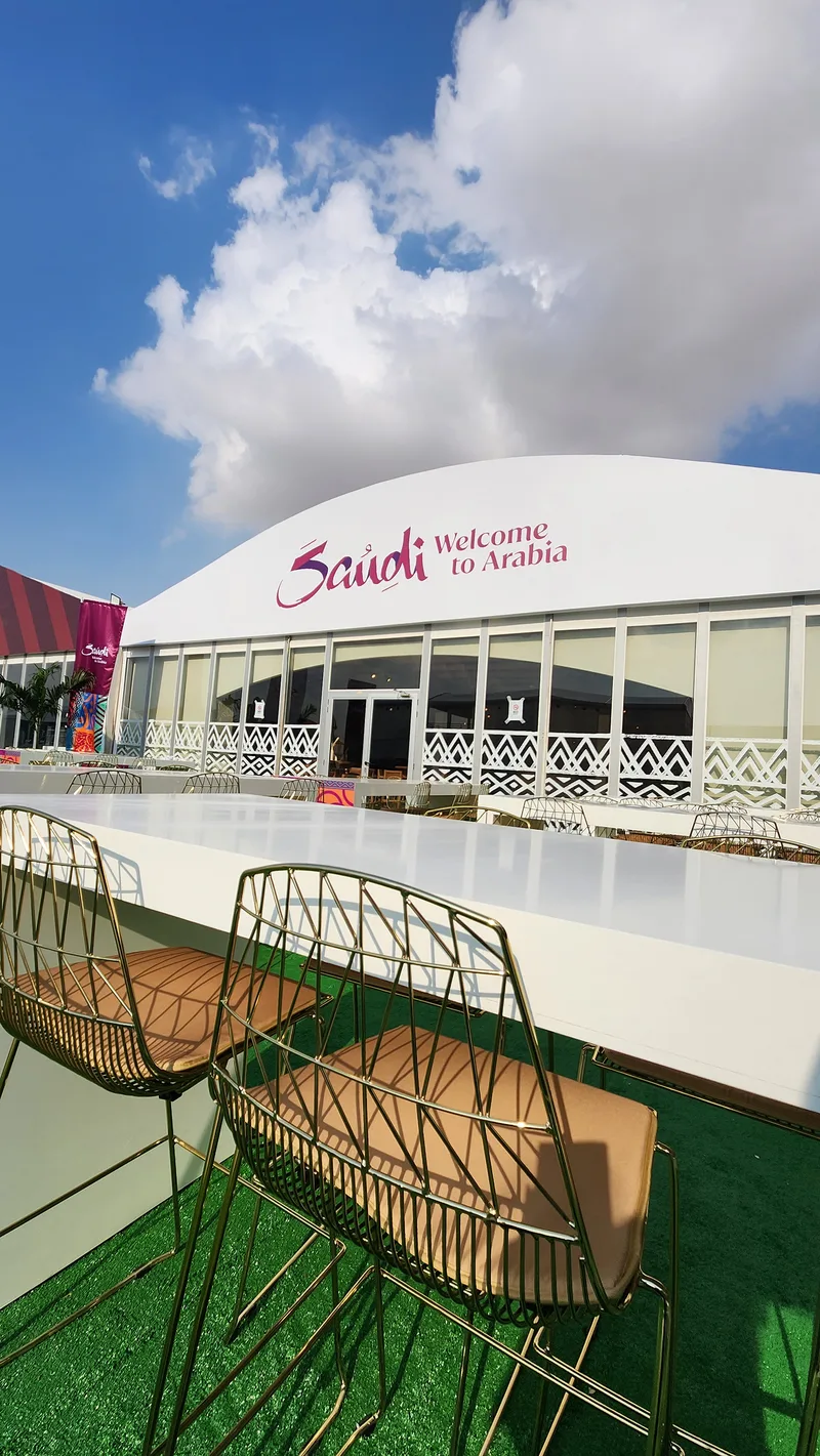 Branded outdoor high tables and Arrow barstools at the Dubai 7s entrance.