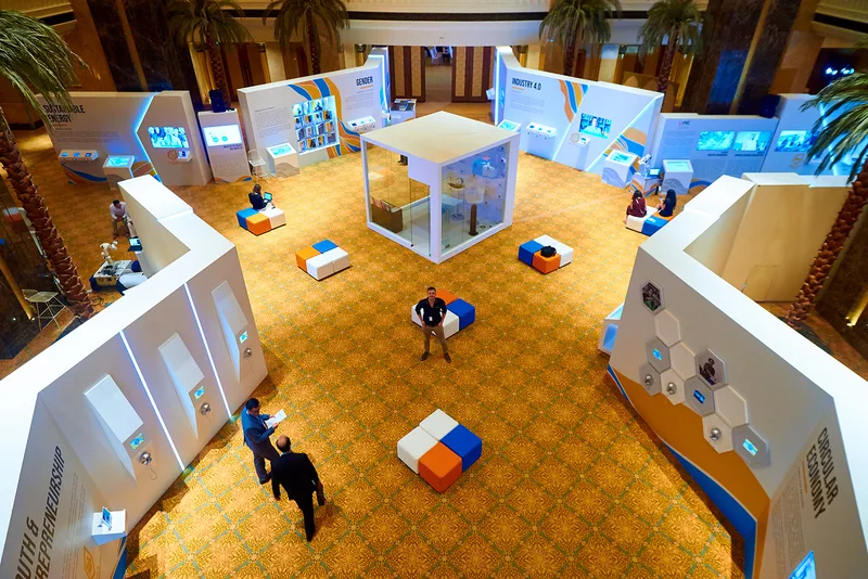 Evolution Scenic exhibition fit-out creating connected themed hubs within the Emirates Palace atrium.