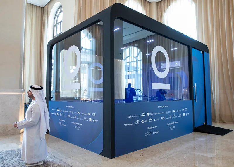 Fully enclosed pre-function television studio constructed for interviews and live broadcasting.