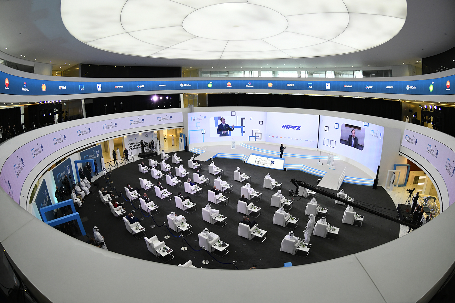 Evolution Scenic fabricated backdrop surrounding large technical displays at the Abu Dhabi venue.