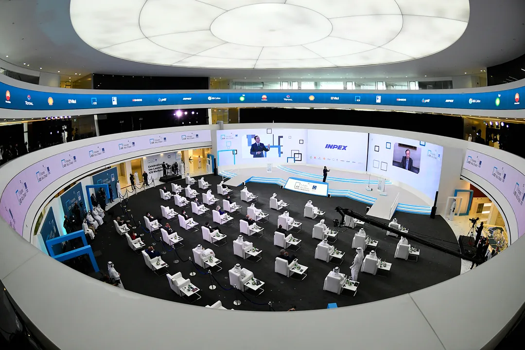Evolution Scenic fabricated backdrop surrounding large technical displays at the Abu Dhabi venue.