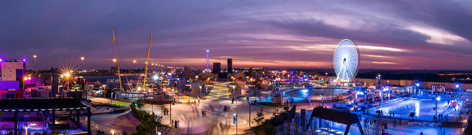 Evolution Scenic’s fabricated Diriyah Oasis environment spanning four landscaped zones in Riyadh.age description