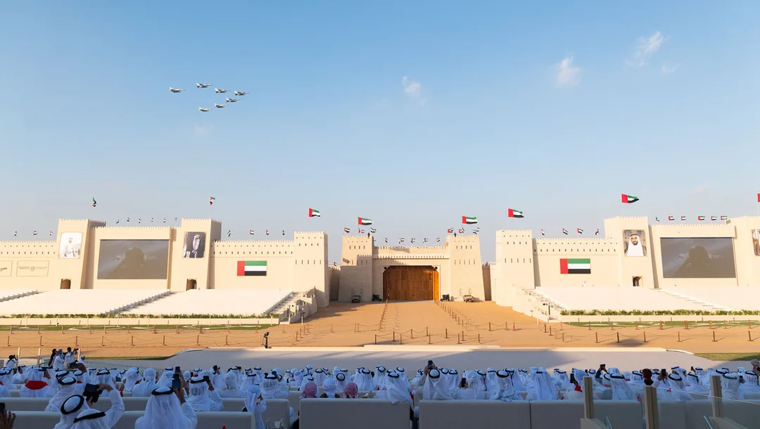 Large-scale cultural scenic environment fabricated and installed by Evolution Scenic at Al Wathba.