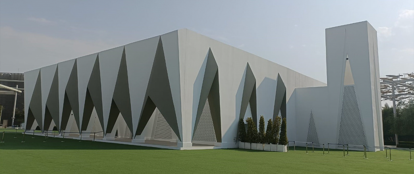 Evolution Scenic temporary mosque façade with triangular portals at Expo City Dubai. 