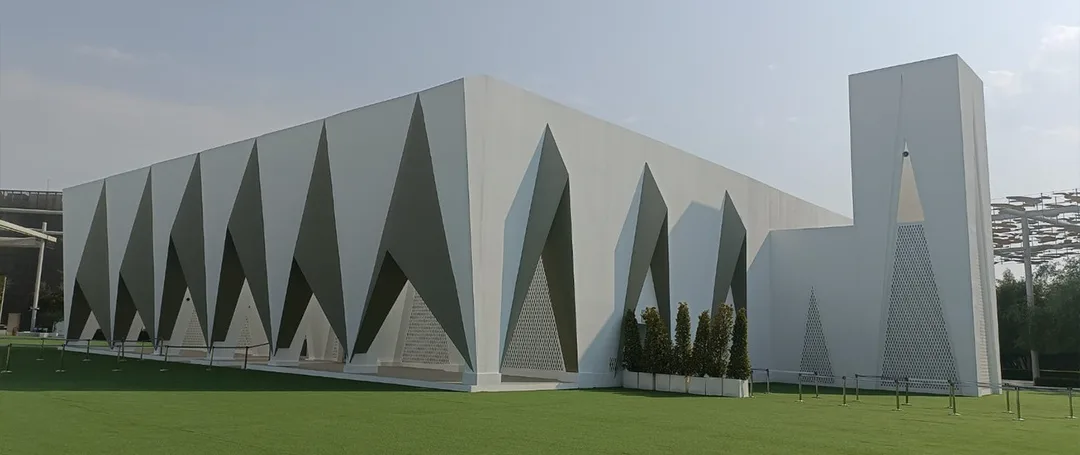 Evolution Scenic temporary mosque façade with triangular portals at Expo City Dubai. 