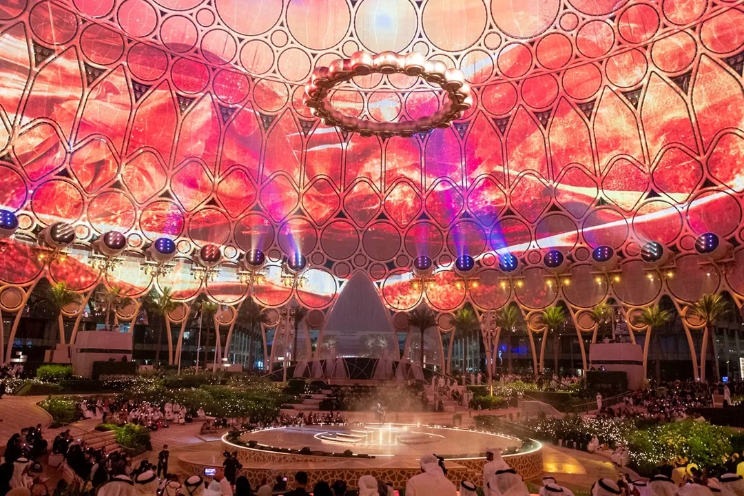 Evolution Scenic fabricated gold ring cladding suspended beneath Al Wasl Dome in Dubai.