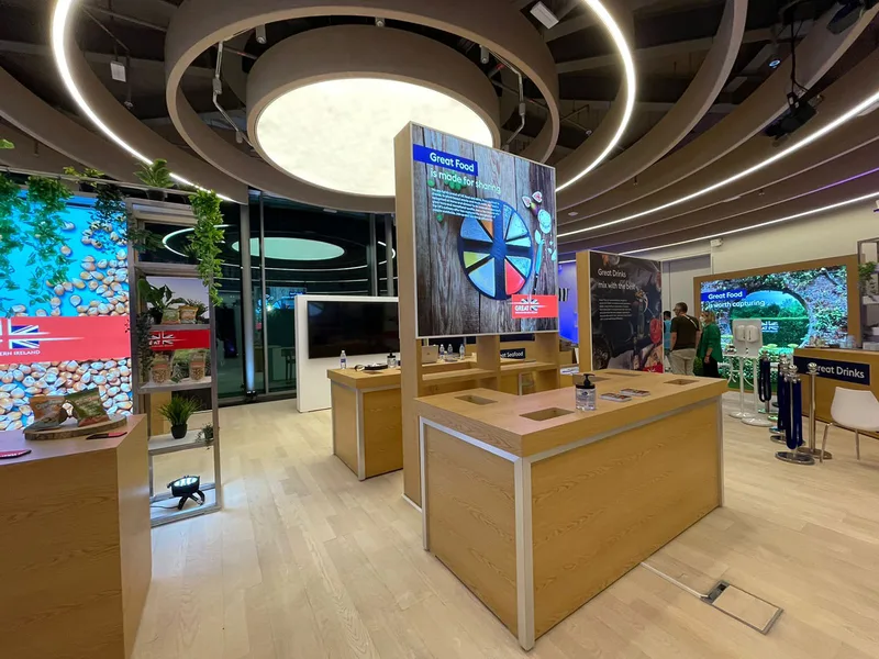 Evolution Scenic custom fabricated interior elements installed within the UK Pavilion at Expo 2020.