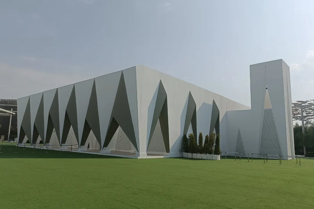 Evolution Scenic temporary mosque façade with triangular portals at Expo City Dubai. 
