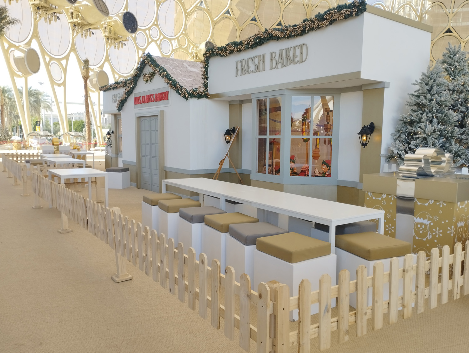 Evolution Scenic chalet-style market structures fabricated for Expo Winter Fest at Al Wasl Plaza.