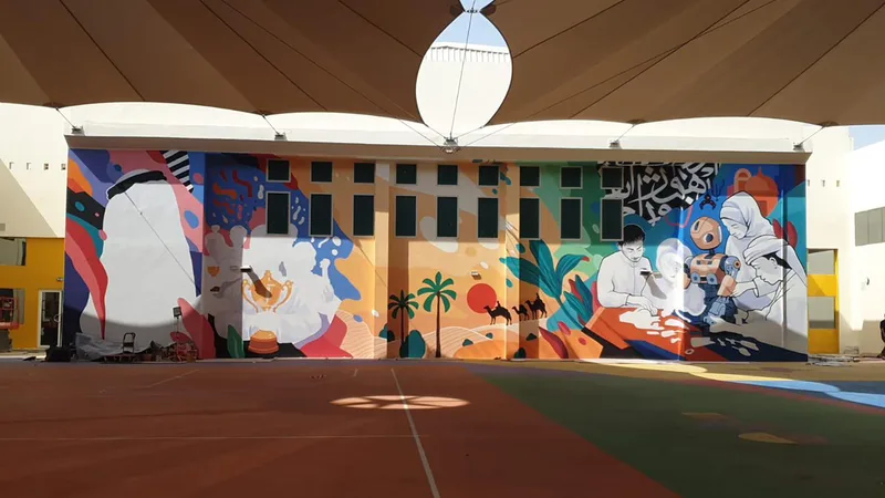 Large exterior educational mural installed across an NCE school façade in Abu  Dhabi.  
