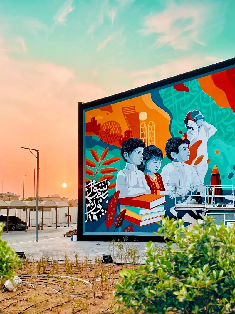 Large exterior educational mural installed across an NCE school façade in Abu Dhabi.