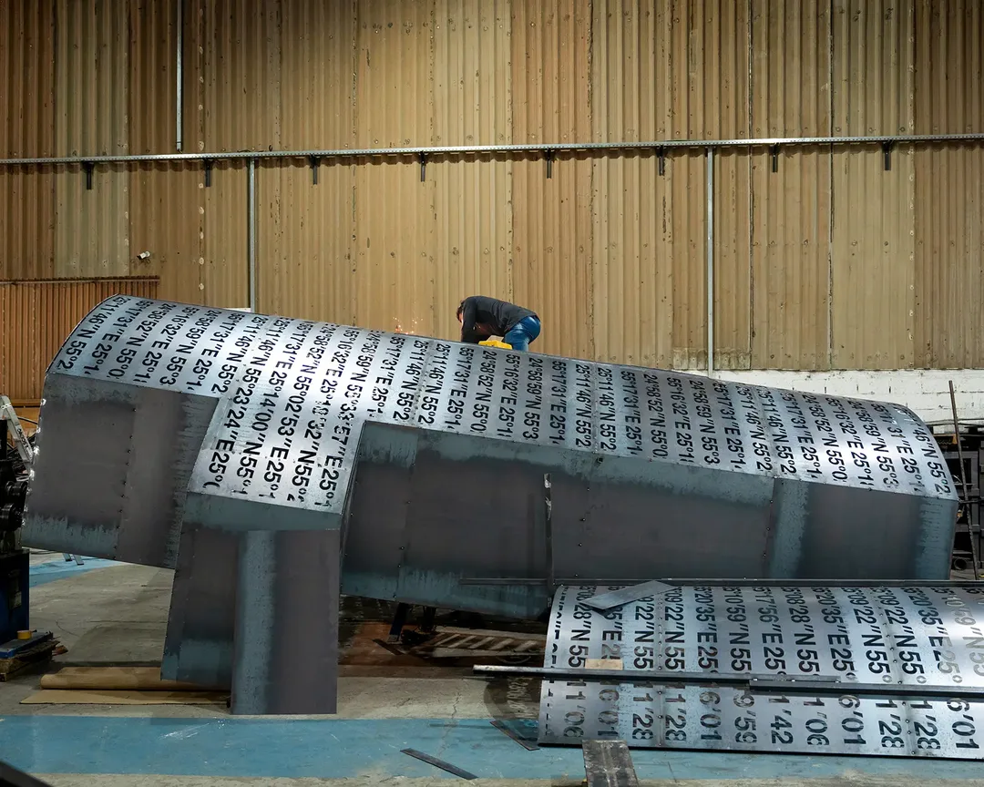 Full-scale scenic prototype testing geometry, finish quality and connection details.