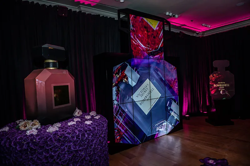Custom-shaped video wall following the Victoria's Secret perfume bottle silhouette.