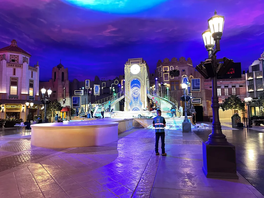 Custom floating video-screen structures fabricated as integrated architectural scenic elements.