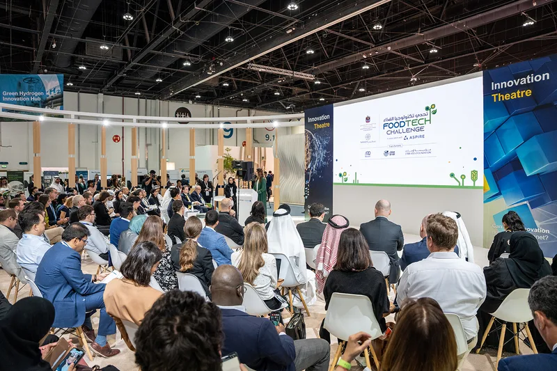 Custom presentation stage fabricated for FoodTech Challenge finalist pitches in Abu Dhabi