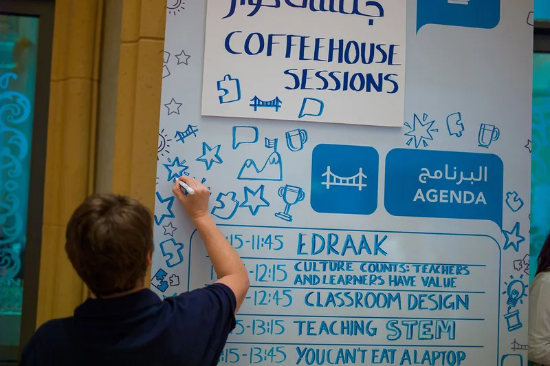 Printed infographic walls forming a branded route through the venue corridors.