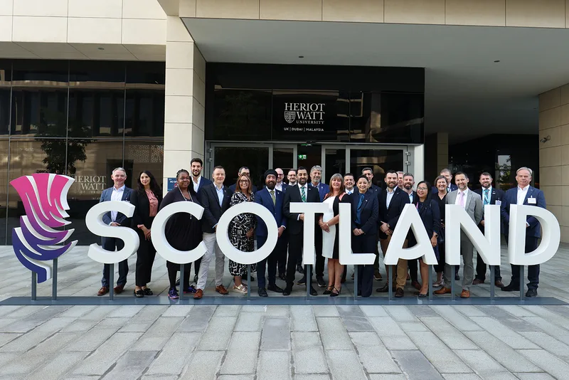 Evolution Scenic freestanding SCOTLAND letter signage and sculptural logo installed outside Heriot-Watt University Dubai.