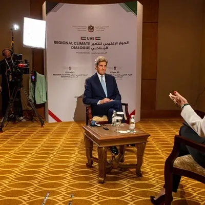 Evolution Scenic freestanding branded interview backdrop for the UAE Regional Climate Dialogue at Emirates Palace.