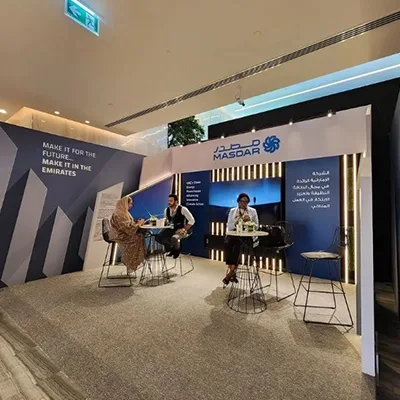 Make it in the Emirates exhibition pod with illuminated fins and integrated meeting space.