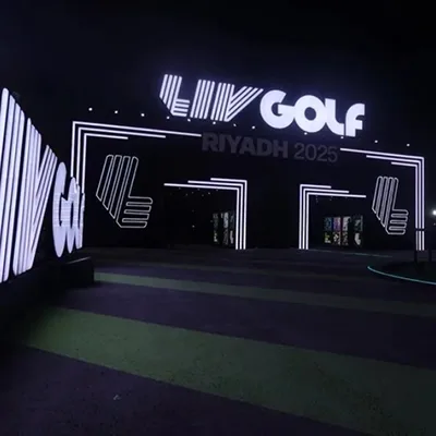 Freestanding illuminated LIV Golf lightbox logo fabricated by Evolution Scenic at LIV Golf Riyadh 2025.